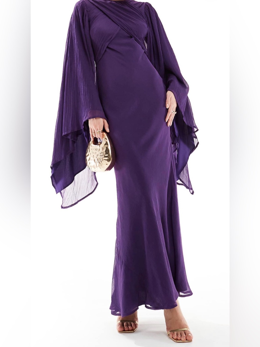 Brand New Elegant Purple Maxi Dress with Draped Ruffle Sleeves